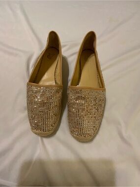 Vince Camuto Calca Embellished Espadrilles Tan Gold Slip On Rhinestones Size 10